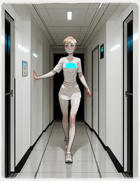 IllustriousQual, detailed face,
very tall woman, solo, very short blonde hair, pixie cut, blue eyes, pale skin, small breasts, very long legs,
on a space station, wearing along oversized t-shirt, walking through a corridor,
from behind,
<lora:incaseIllustrious:0.8> incase style,
