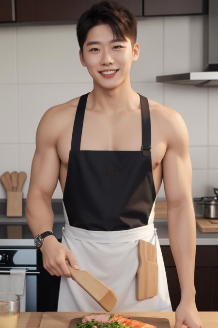 1boy, Short Spiky Hair, smile, teeth, watch, 
<lora:Max Huang:0.7:FACE>
(nude kitchen apron:1.2)
Muscular Frame,
looking at the viewer,
fish, steak,