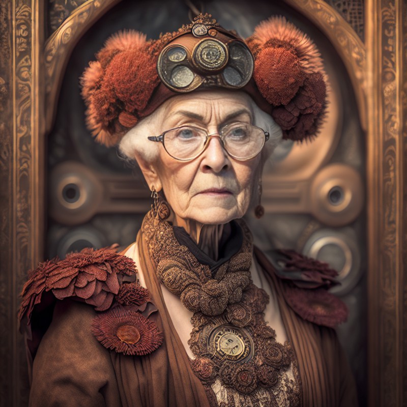 (steampunkgranny:1.0), (Masterpiece, Best Quality, High Quality, Highres:1.4), Detailed, Extremely Detailed, 4K, (Extremel...