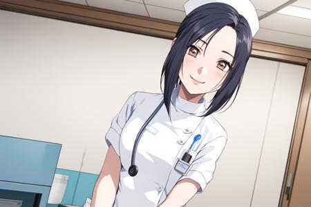 (RAW photo, best quality), wide angle photo, masterpiece, 1girl,  natural lighting, light smile
hospital, operating room, 
(((White))) nurse uniform smooth, nurse, nurse hat, stethoscope  <lora:NurseUniform0_1:0.8>,
<lora:innai_kansen_hikami_saeko_v1_2:1>,  hikami saeko,  looking at viewer,