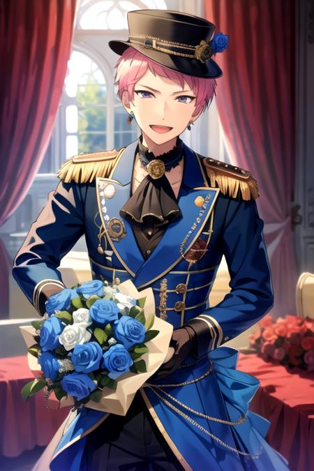 <lora:ShuItsuki-07:0.8>,shu_es, solo, looking at viewer, smile, open mouth, gloves, 1boy, hat, jewelry, purple eyes, pink hair, flower, male focus, earrings, black gloves, mole, petals, ascot, rose, curtains, epaulettes, blue flower, bouquet, blue rose