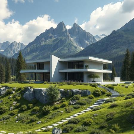 futuristic concrete modern house in a mountains' land, luxuriant alpine vegetation around, green valley, photorealist, masterpiece, 4k, high details