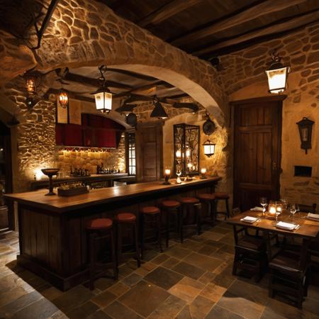 skybar,<lora:20240705-1720127504546:0.6>,(wine cabinet:1.2),(bar counter:1.2),(wine bottle:1.2),(wine glass:1.1),- Features: Wooden tables and chairs,rough stone floors,and iron pots hanging over the fireplace create a cozy and primitive atmosphere.,
- Atmosphere: Low ceilings and a crackling fireplace provide warmth and comfort,with laughter and conversation filling the air.,
- Style: Traditional medieval style,using dark browns and earth tones,emphasizing the textures of wood and stone,and rough handcrafted items.,
- Background: The interior is decorated with wall hangings,old maps,and shields,with torches and lanterns lining the walls to add a sense of time.,
- Lighting: The dim light from torches and lanterns creates an antique and storytelling ambiance.,