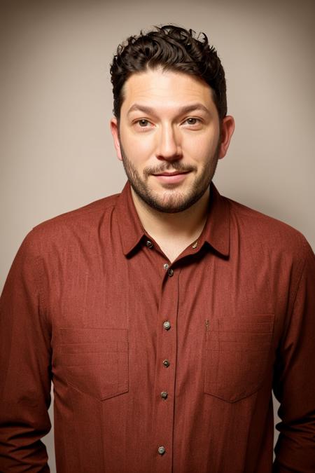 looking at viewer, jon richardson, man with beard standing, portrait, red shirt <lora:JonRichardson:1>