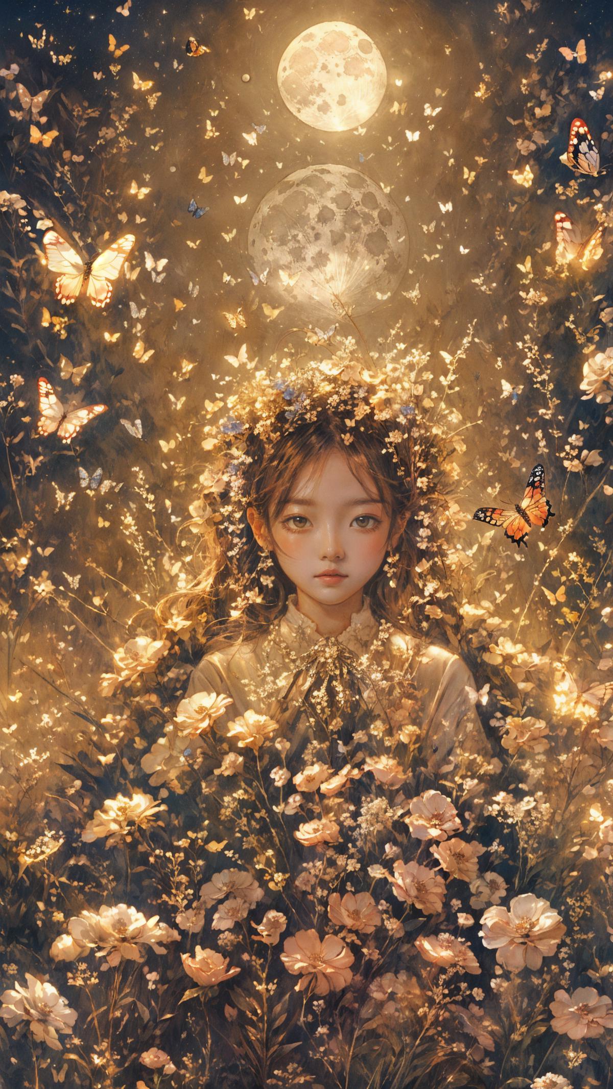 A painting of a girl with flowers and butterflies around her head.