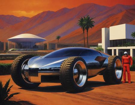 <lora:syme:0.6>syme, retrofuturistic car, off road tires, people, mountains, palm trees, building