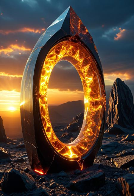A colossal plastic monolith, a motionless yet omnipotent sentinel of an artificial sun. Its smooth, semi-translucent form radiates an unnatural brilliance, as if molded from molten amber. Within its core, a swirling vortex of liquid gold shifts endlessly, reflecting fractured glimpses of alternate realities. Though it does not move, its mere presence distorts time and gravity, bending space like a god trapped in synthetic matter. Silent yet imposing, it looms over the horizon, a perfect yet horrifying symbol of an engineered eternity. Ultra-detailed, hyper-realistic, cinematic lighting, 8K, octane render, surreal cosmic horror, monolithic power, radiant yet terrifying. novuschroma53 style, rp_slgd