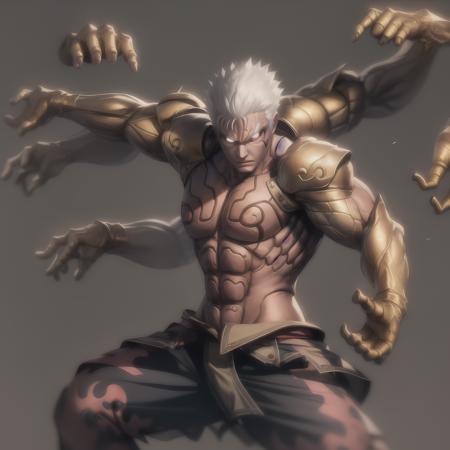 ((masterpiece, best quality)),(complex light),solo,solo focus,1boy,asura, <lora:AsuraWrath1-10:0.6>,white hair, glowing eyes,six arms, golden arms, extra arms, simple background, fighting stance,