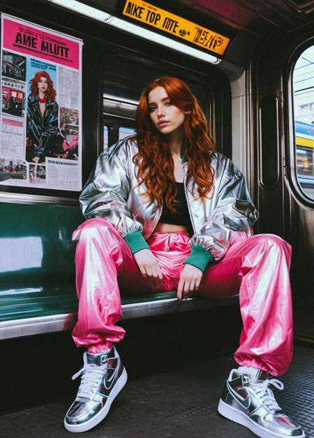 (simple cartoon sketch:1.55)
young woman, 23yo, full body shot, detailed face, highly detailed,
1girl, masterpiece, best quality, redhead, wavy long hair, blue eyes, pale skin, cute face,
1girl, adult, alluring,
This is a digital anime illustration with a vibrant, neon-infused aesthetic. The setting is a subway train, evident by the metallic seats and the dark, reflective surfaces. The central figure is a young woman with pale skin and long, dark hair styled in loose waves. She is wearing a shiny, silver bomber jacket and loose, high-waisted pink pants that drape down to her feet. On her feet are white Nike sneakers with visible laces and a slight sheen. She has on red-tinted sunglasses, adding a cool, edgy vibe. The woman is seated on the left side of the image, leaning back against the window with her legs crossed at the ankles. Her right hand rests on her chin, while her left hand is placed casually on her thigh. The window behind her displays a collage of posters and advertisements in shades of green and black, with various text and images, including a large, stylized figure in the center. The background is a dark, almost black hue, emphasizing the neon colors of the subway and the woman's attire. The overall style is reminiscent of 1980s and 1990s comic book art, with bold lines, vibrant colors, and a sense of movement and energy. <lora:Elegence_Niji:0.54> <lora:Purple_Grace_v2:0.75> <lora:mot_wwm:0.51>