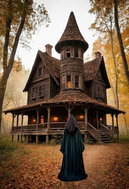 Imagine a spellbinding scene of a haunted house, nestled within a dark, enchanted forest. The house stands tall, its ancient, weathered timbers groaning under the weight of countless mysteries and tales untold. Within this eerie abode dwells a beautiful witch, her presence a blend of allure and mystique. She is cloaked in a robe of deep, velvety hues, her eyes shimmering with the wisdom of the ages and a hint of magical mischief. Around her, the air is alive with the swirling energies of her latest spell, casting flickering shadows and illuminating her with an otherworldly glow. The witch's beauty is ethereal, transcending the ordinary, with her hair flowing like the night itself and her hands gently caressing a crystal ball that pulses with arcane power. The haunted house, with its secret chambers and hidden nooks, serves as the perfect backdrop for her magical endeavors, each room whispering legends of the past. This scene captures the eerie beauty of the haunted house and its enchanting inhabitant, inviting onlookers into a world where magic reigns supreme and every corner holds a story waiting to be unveiled