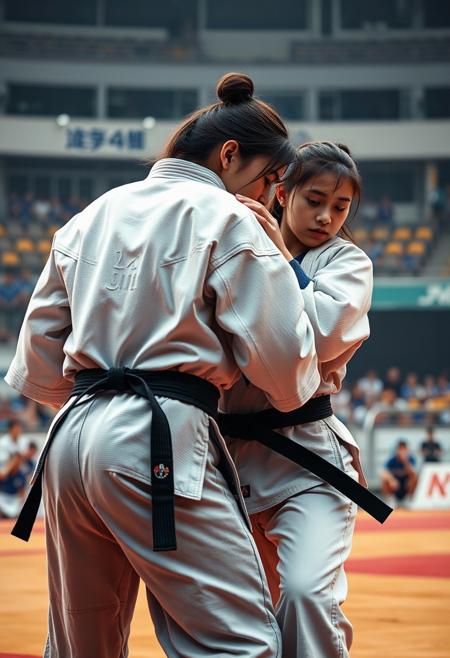 2girl, cinematic composition, A black belt in white judo and a black belt in blue judo, judo pants, judo ground, stadium, sweating,  Tai Otoshi  , highly detailed, 4k resolution, ultrarealistic, real photo, detailed skin, photorealistic, high quality, sharp focus