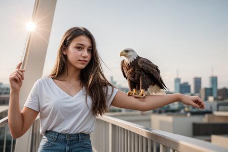 photo of a 18 year old girl,standing,a eagle standing on her arm,happy,ray tracing,detail shadow,shot on Fujifilm X-T4,85mm f1.2,sharp focus,depth of field,blurry background,bokeh,lens flare,motion blur,<lora:add_detail:1>,