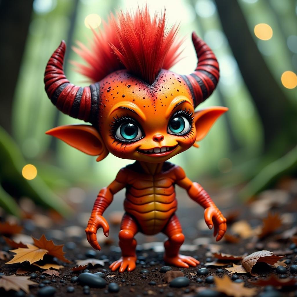 <lora:cute-monsters-flux:1.3>, cutmons, necrocute, styleofcmn, a cute beholder creature with orange thick skin, red punk hair with a high top hairdo, dramatic makeup, dramatic lighting, ultra detailed textures and colors, in a magical forest, howling,  8k