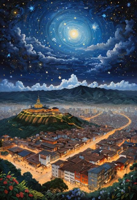 landscape of a Bogota Colombia, Stars in the sky, Japonism Art, highly detailed, <lora:detailed_notrigger:1>