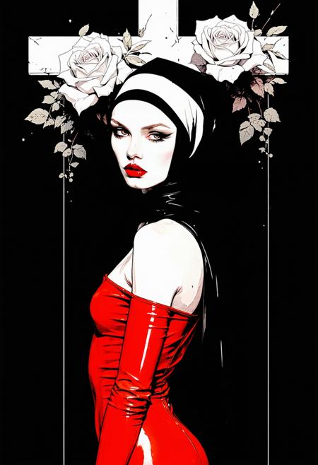 digital illustration, inspired by the visual style of Patrick Nagel, halftone. Gothic masterpiece portrait, porcelain-skinned seductive model. She wearing red latex, off shoulder, mini dress and nun headdress. Posing against large cross with white roses in a moody atmosphere, dark background.