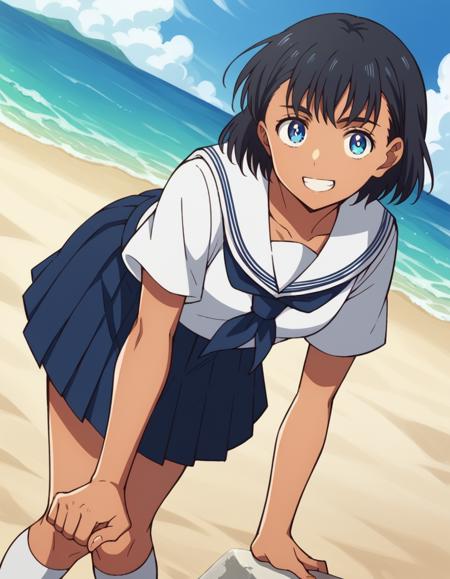 mio kofune, short hair, blue eyes, black hair, dark skin, dark-skinned female, skirt, shirt, school uniform, white shirt, short sleeves, pleated skirt, serafuku, socks, blue skirt, white socks,