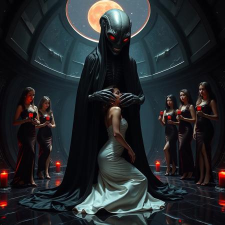 high-society elegant slender norvegian rich innocent young bride kneeling  from behind. She is ensnared by a towering  alien, draped in a long, glossy black slime cloak, its eyes gleaming red with an otherworldly intensity.   its slime covered hands fastens massive steel slave collar  on her. Surrounded by strict ladies wearing  glossy satin dominatrix attire and glossy high heels,  holding red candles.   weird wet-look black slime  walls and floor, colossus observation blister to outer space full of stars, bright red moon, vintage-inspired makeup, long hairs, ultra thin waist, evil grin, porcelain skin, lipstick, red nails, in the style of a haunting, retro-futuristic 1950s sci-fi nightmare, horror, alien space base,,