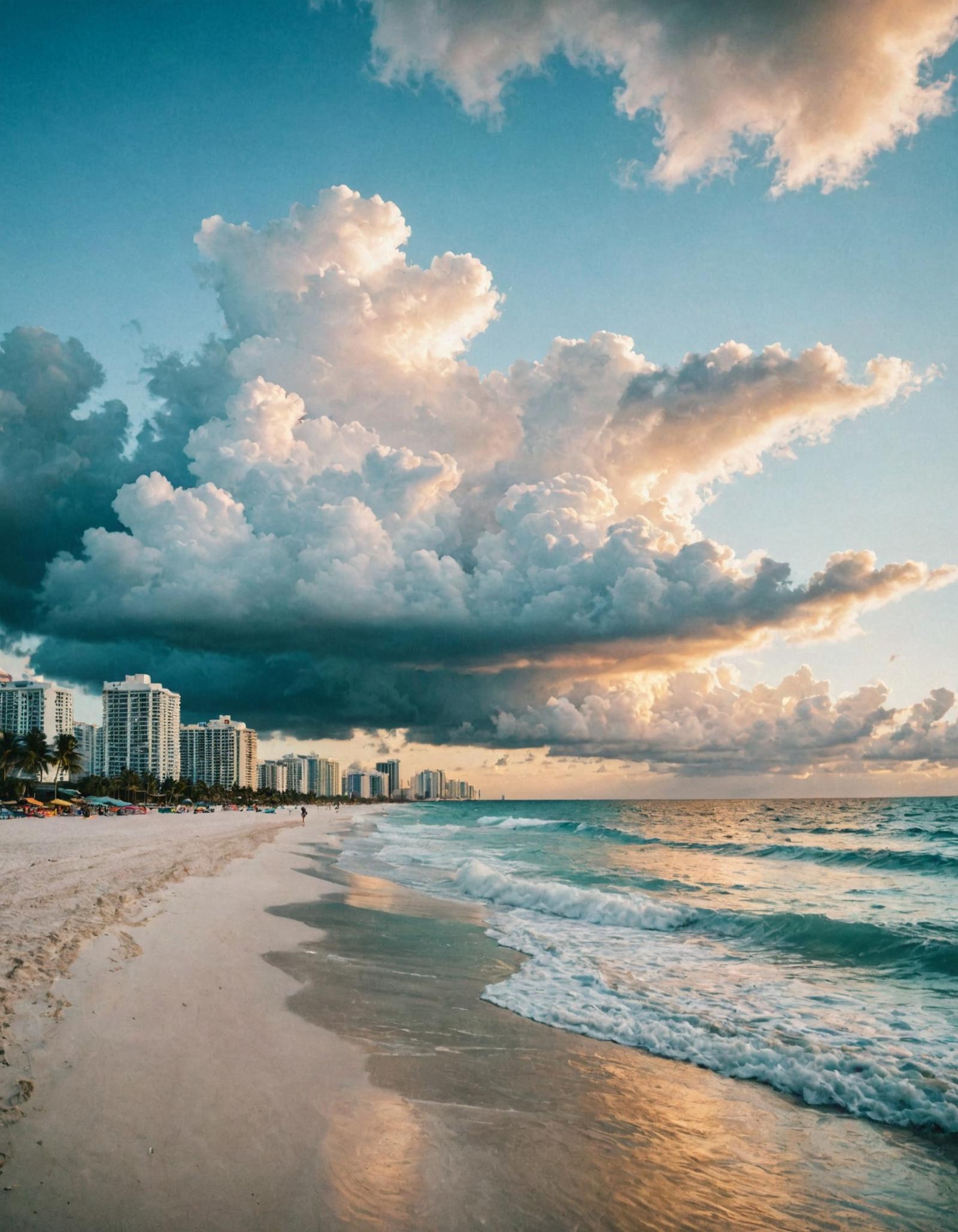 A serene beach scene with a cloudy sky and a person in the distance.