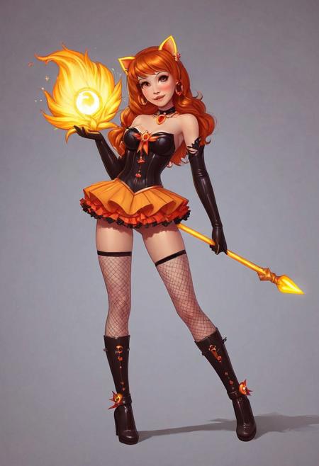 In the image, a cosplayer dressed in an elaborate magical girl costume poses dramatically. The outfit is predominantly purple with intricate designs and sparkly elements, featuring a short ruffled skirt, a large bow, and fishnet stockings. The character wears cat ears on her head and holds an ornate, glowing magical staff. The background is a colorful fantasy setting with vibrant flora, adding to the magical theme of the scene.