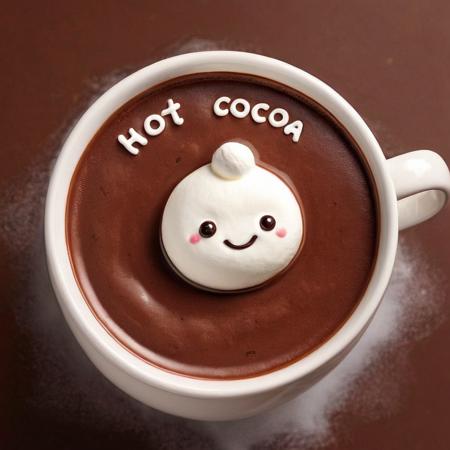 <lora:Harrlogos_v1.1:1> ( "HOT COCOA" text logo:1.2), a cute marshmallow creature sitting in a pool of steaming chocolate, top down view,