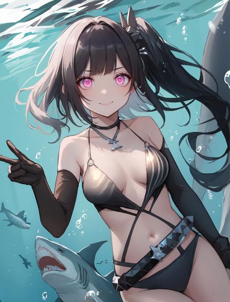 <lora:ArchitectSwimsuit>,1girl,pink eyes,side ponytail,long hair,black hair,swimsuit,architectswimsuit,belts,evil smile,necklace,elbow gloves,