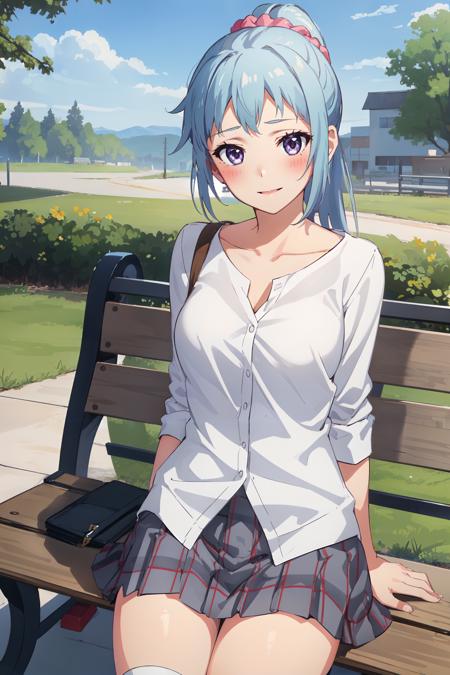 (masterpiece, best quality:1.4), looking at viewer, cowboy shot, smile, blush, saki kawasaki, ponytail, scrunchie, white shirt, collarbone, plaid skirt, kneehighs, outdoors, bench, <lora:saki_kawasaki_v1:0.7>