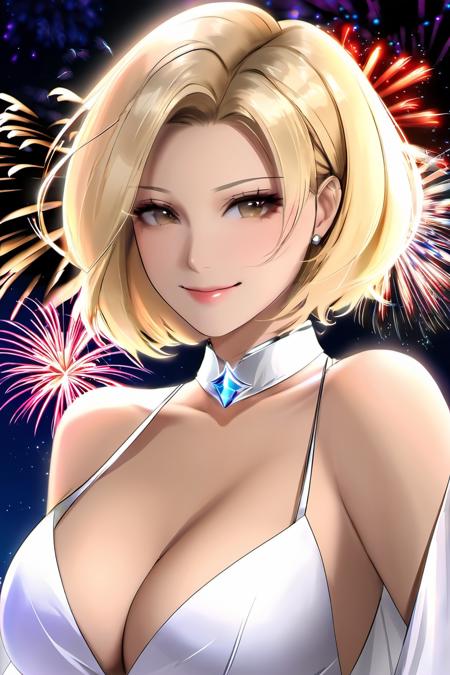 1girl, fireworks, blonde hair, hair ornament, solo, bare shoulders, upper body, short hair, dress, detached collar, looking at viewer, night, smile,white dress,huge breasts,shiny,shiny skin,parted lips,milf,(mature female:1.2),<lora:fashigirl-v6-sdxl-5ep-resize:0.7>