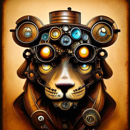 (steampunkai)++, lion with goggles on it's head, portrait, steampunk