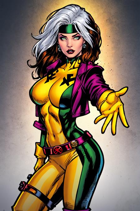 Rogue, Classic, Superhero, Southern Belle, looking at viewer, large breasts, voluptuous, jacket, parted lips,belt, open jacket, lips, covered navel, makeup, headband, outstretched arm, lipstick, multicolored clothes, buckle, belt buckle, red lips, yellow gloves, specular highlights, Rogue of the X-men, nice hands, dynamic angle, dynamic lighting, side lighting, rim lighting, sci fi <lora:Rogue:0.5> ProfessionalDetail