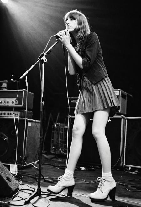 masterpiece, perfect face, 1girl in a indie band, , shoe gaze, lomo photography, monochrome 1600 iso, stage