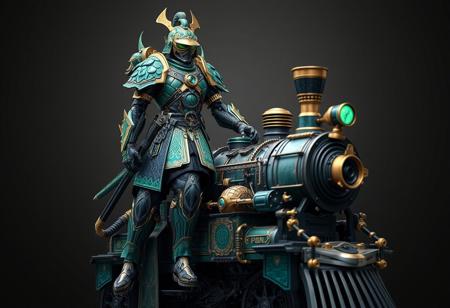 expert Intricate Ancient Gear Engineer steampunk, emerald green & sapphire blue & gold accents, humanoid mech, visor, confident stance, hand on hip, holding large Fusion Sword Murasame Blade, standing tall on a Superheavy Samurai Steam Train King. Hyper detailed, cinematic lighting, sharp focus, isometric, contemporary aesthetics, splash ink style, Raphael/Houdini influence, Octane render, Unreal Engine 5, 4K, high resolution, impeccable composition, CGSociety, trending on ArtstationHQ, Golden Ratio.