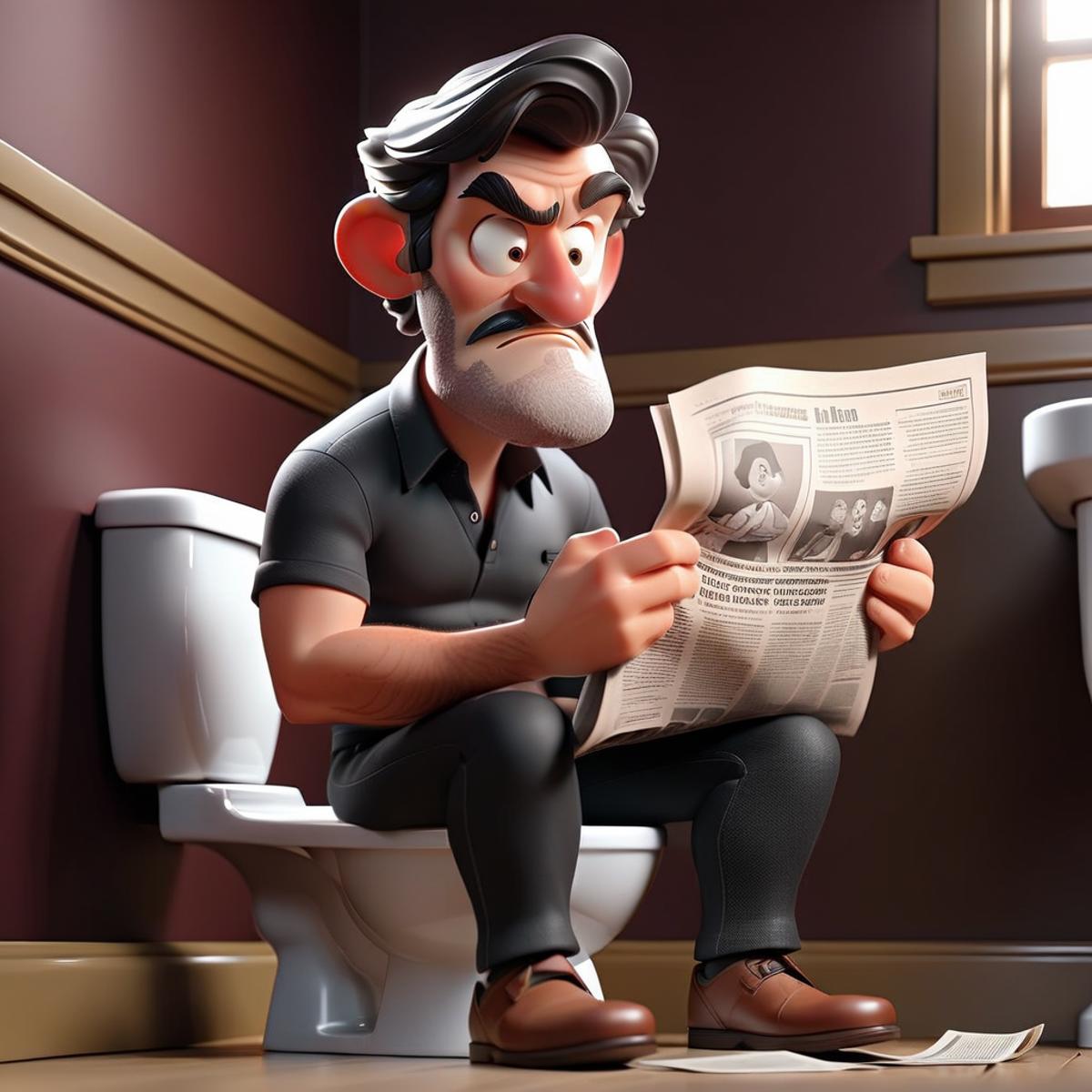 A man sitting on a toilet reading a newspaper.