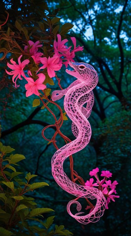 A serpentine vine creature with an intricate pattern of glowing, (neon pink flowers along its body:1.2), entwined in the canopy above, basking in the first light of dawn.<lora:add-detail-xl:1>