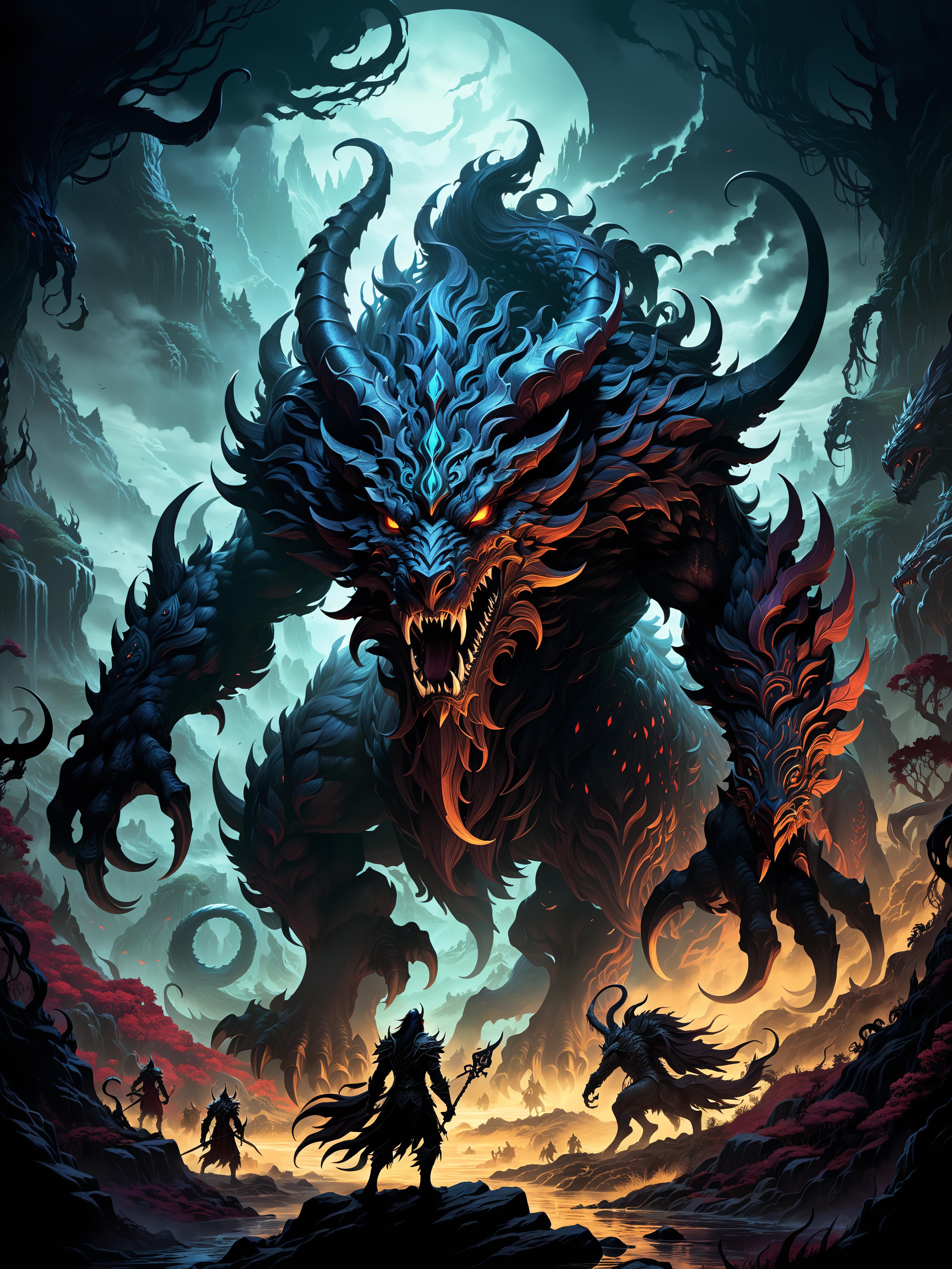 Black and red dragon with horns and sharp teeth, surrounded by other dragons.