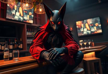 Cinematic 4K Octane render, trending on Artstation: Mysterious evil figure in striking red & black fox costume w/ black mask & glowing red eyes, seated on wooden stool at bar counter. Bottles, glasses, TV wall. Festive, captivating lighting, intricate costume, detailed eyes. Impeccable composition, contemporary aesthetics, golden ratio.