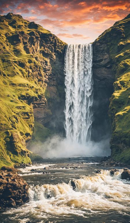 Dramatic summer sunrise on Skogafoss Waterfall. Fabulous morning landscape of Skoga river. Gorgeous outdoor scene of Iceland, Europe. Beauty of nature concept background. Dramatic unusual scene. Beauty world. Retro filter and vintage style. Instagram toning effect, breathtaking photograph.