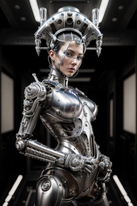 masterpiece, photo realistic, best quality, a raw photo of a steel cyborg girl, Classic headshot posebiomechanical, mshn robot, hyper realistic, intricate design, (insanely detailed:1.4), (extremely fine details:1.35), Extremely sharp lines, cinematic lighting, Photorealistic, a detailed masterpiece by Ralph McQuarrie,Agnes Cecile <lora:mshn:0.7>