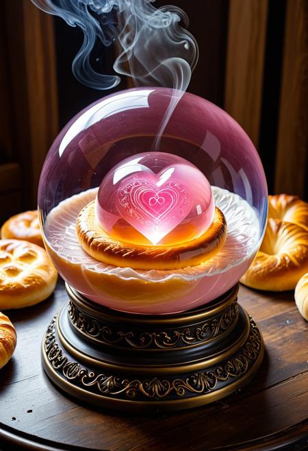 (masterpiece, best quality, highres:1.2), (photorealistic:1.2), (intricate and beautiful:1.2), (detailed light:1.2), (colorful, dynamic angle),
A hyper-realistic close-up of a crystal ball, resting on a weathered blackened pedestal, pedestal made of liquid marble, pedestal is carved with intricate runes, runes glowing faintly in amber, detailed,
BREAK inside the crystal ball, a floating pink heart made of liquid marble, electricity appears to shock the heart from the edges of the crystal ball, with subtle flickers of light illuminating the swirling smoke patterns,
BREAK 1girl, mage, wearing an intricately detailed robe, v-neck robe, no bra, small breasts, holding hands over crystal ball, 
BREAK Background, Dramatic lighting, rolling fog, intense highlights, deep shadowy contrasts, creating a powerful, moody atmosphere, Hyperdetailed textures, glowing ember effects, intricate reflections, in a spooky forest, depth of field
Style: Whimsical, detailed
Main Elements: Baked goods (buns, pastries, bread), imaginative settings
Color Palette: Warm, inviting colors; golden browns, creams, pastel glazes
Lighting: Soft and warm lighting to enhance the cozy atmosphere
Shapes: Realistic yet imaginative forms of baked goods
Details: Rich in detail, showcasing the textures and forms of various pastries
Aesthetic: Fun, charming, and delicious