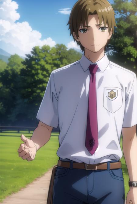 atsumumatsuyuki, <lora:atsumu matsuyuki s1-lora-nochekaiser:1>,
atsumu matsuyuki, brown hair, (brown eyes:1.3), male focus,
BREAK shirt, school uniform, white shirt, short sleeves, necktie, collared shirt, belt, pants, red necktie, watch, wristwatch,
BREAK outdoors, house, fields, grass, sky, sun, clouds,
BREAK looking at viewer, (cowboy shot:1.5),
BREAK <lyco:GoodHands-beta2:1>, (masterpiece:1.2), best quality, high resolution, unity 8k wallpaper, (illustration:0.8), (beautiful detailed eyes:1.6), extremely detailed face, perfect lighting, extremely detailed CG, (perfect hands, perfect anatomy),