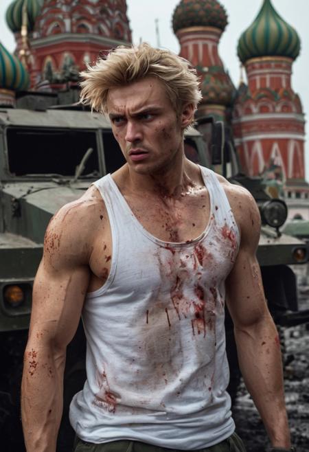 action-packed scene with two main characters set against a backdrop of chaos in Moscow. The foreground showcases a close-up of a young man with spiky, tousled blonde hair, facing forward with an angry expression. His furrowed brows, clenched jaw, and piercing eyes emphasize his determination. His muscular physique is highlighted by dramatic lighting that casts shadows on one side of his face while illuminating his sweat-glistened skin. He wears a white sleeveless tank top, heavily stained with black dirt, blood, and grime. Visible injuries include blood smears across his face, neck, and arm, particularly around his right shoulder. A partially visible military vehicle is parked behind him. The background depicts iconic Russian architecture, including the distinctive red brick facade and green onion domes of St. Basil's Cathedral, engulfed in flames and smoke. The sky is dark and stormy, Burnt-out vehicles and scattered debris enhance the sense of destruction. The color palette includes warm tones like fiery orange, amber yellow, and deep reds, contrasted against cooler shades such as dark gray and muted blues. The overall mood is highly dramatic and chaotic, enhanced by high contrast, vivid saturation, and dynamic lighting that creates a striking visual impact reminiscent of a dystopian setting.