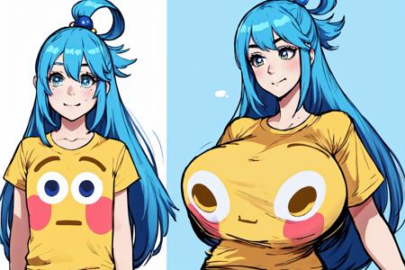 High Quality, Masterpiece, incrsemojishirt, multiple views, yellow shirt, <lora:FlushedEmojiShirt:1>, aqua \(konosuba\), 1girl, blue eyes, blue hair, hair ornament, hair rings, long hair, single hair ring, very long hair, <lora:Char_Konosuba_Aqua:0.65>, (gigantic breasts:1.6),