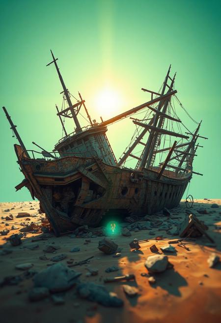 photorealism, high resolution, (polished:-1.3), broken hull with interlocking polygonal patterns, (bad composition:-1.3), sharp and jagged metal, scattered debris across the terrain, vibrant oil pastel hues of rust and decay, chaotic geometry in the ship’s frame, (disjointed anatomy:-1.3), saturated tones of green, sculptural and chaotic forms, (emphasis on chaotic geometric shipwreck forms:1.6), (blurry:-1.2), glowing light from the sun piercing through water, (low quality:-1.2), flowing yet sharp surfaces, unsettling, (overly ornate:-1.5), dystopian vibe, intricate and uneven fractal patterns in the wreckage, and blue, (noisy:-1.1), fragmented and twisted geometric structure, warped shadows cast by broken beams, (ugly:-1.3), (cartoonish:-1.1),abandoned shipwreck, orange, intersecting planes of broken metal and sand, minimal organic details, recursive fractures in the metalwork, brutal and irregular structure, fractured ocean floor, rusted angular edges, (smooth surfaces:-1.4)