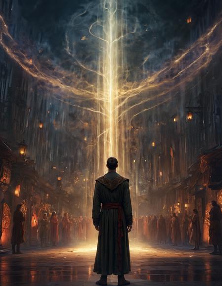 ethereal fantasy concept art of  a man standing in front of a giant light display in the dark with a bright light coming from the center,a raytraced image,analytical art,<lora:Abstract Concept-glowing:0.4>,concept art,glowing,,concept art,glowing,Anne Stokes,, scheherazade \(fate\),<lora:CB-Fantasy-000008:1>, Charlie Bowater, a detailed painting, ahri, . magnificent, celestial, ethereal, painterly, epic, majestic, magical, fantasy art, cover art, dreamy