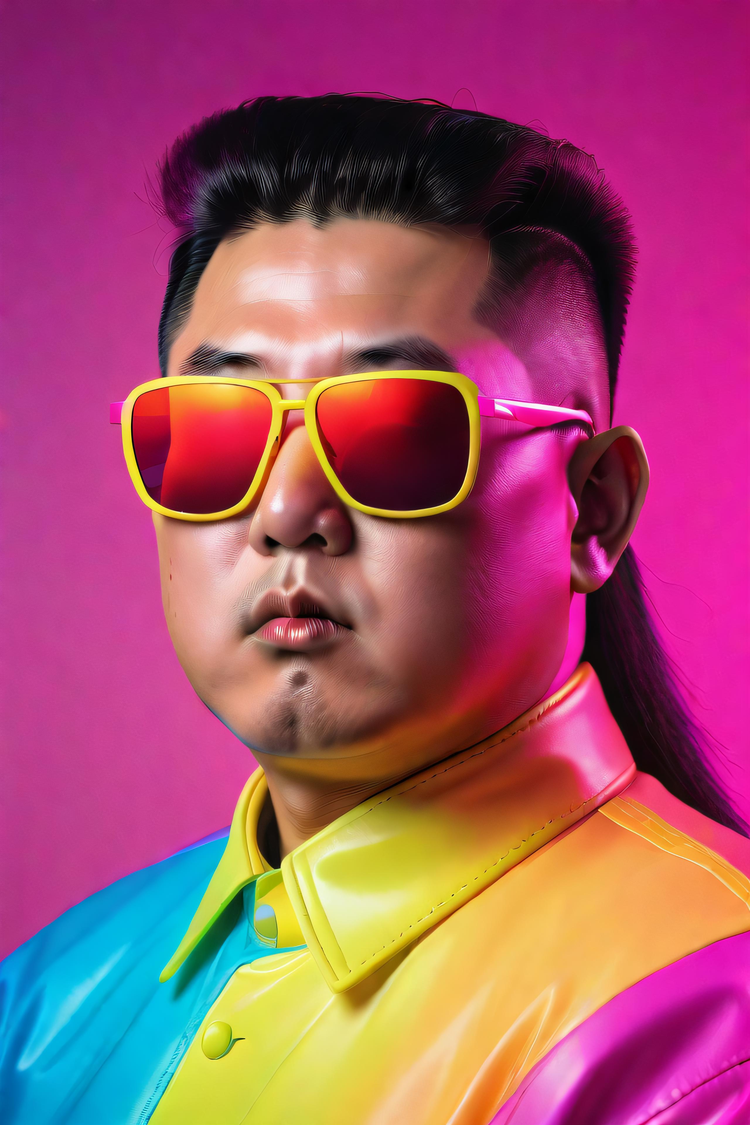 A man with a pink background, yellow shirt, and colorful hair wearing yellow sunglasses.