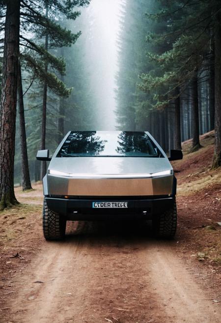 cybertruck gleaming, front view, front view, path in Swiss Alps forest, foggy, pine trees, 4K, highly detailed, grainy analog 35mm film photo