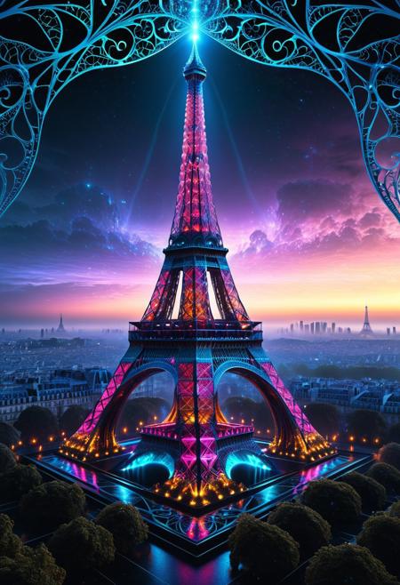 surreal Eiffel Tower, transformed by glowing fractal roots, geometric vines wrapping around its structure, futuristic crystal patterns integrated into the metal, bioluminescent details, mystical atmosphere, cinematic lighting, foggy Paris cityscape in the background, ultra-detailed architecture, dreamlike sci-fi fantasy fusion, sharp focus, 8k, fractal-inspired redesign, concept art style
, fractangles