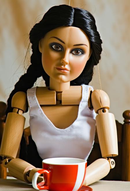 A weathered oak marionette, joints cracked with age, slumps inert at a splintered table, backlit by a dusty amber shaft piercing attic gloom. 
Caravaggio-inspired chiaroscuro carves its hollow face: knotted grain, chipped paint eyelids. Monochrome mahogany tones clash with spectral cobalt shadows cast by tangled threads. miniature porcelain teacup, rests near wooden fingers. Dust motes swirl in slant-light, echoing phantom movement. Mood: haunting, arrested agency.