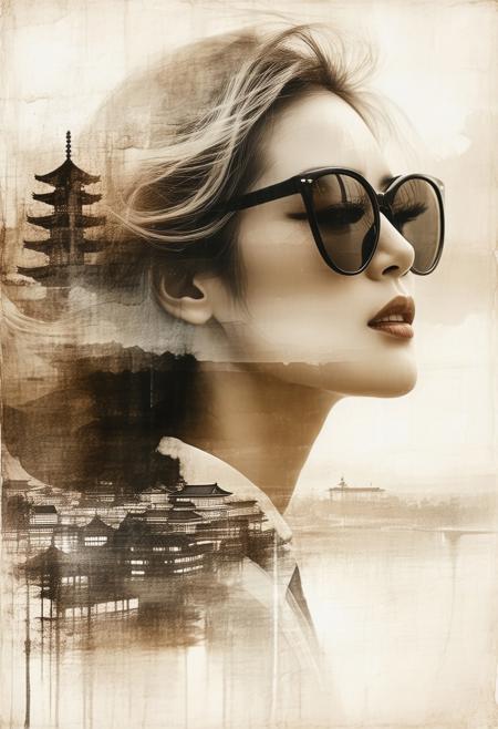 Inkplash art on rice paper, sepia, henna , Silhouette Art, magnificent, inksplash double exposure, crisp lines, Japanese cityscape below closeup portrait of stunning japanese woman, blonde loose hair, mirrorred aviator sunglasses, directional lighting, dark background