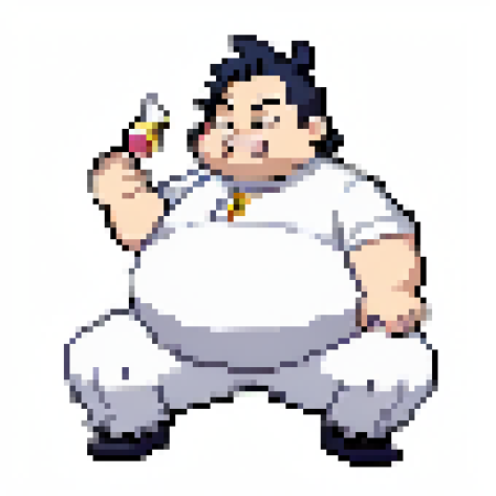 fat rich guy with food
 simple background <lora:pksp_trainer_V1:0.8>