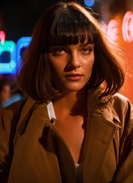 A stunning intricate colorful portrait of beautiful woman M14W4114CE <lora:M14W4114CE:0.7>, [blade runner+kill bill] style, wearing brown coat, bobcut hair, makeup, magic eyes, rain, smoke, (neon lighting:1.2), epic character composition, by ilya kuvshinov, alessio albi, nina masic, sharp focus, natural lighting, subsurface scattering, f2, 35mm, film grain